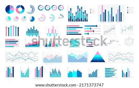 Business infographic elements set. Financial presentation visualization collection for analytics and statistics report. Colorful diagram, pie and flow charts, bar graphs and lines. vector illustration