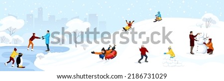 People enjoy in cityscape park at snowy winter season with snowflakes. Skaters on frozen lake ice. Kid drive snow scooter, sliding on tubing. Man, woman and child making snowman. Vector illustration