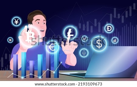 Man trading in block chain, crypto token, bitcoin with laptop. Office staff, trader work with infographics hologram. Business manager working with market data, finance graph, bars. Vector