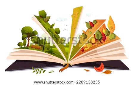 Open book with fairy tale. Green summer forest, snowy winter, adventure story for children, kids. Different off seasons on sides of pages. Read magic storybook about spring nature. Vector illustration