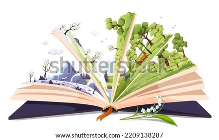 Open book with fairy tale. Green forest and snowy winter, adventure story for children, kids about different off season on sides of pages. Read magic storybook about spring nature. Vector illustration