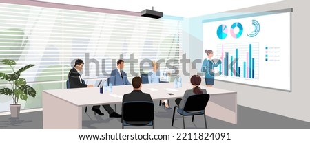 People meeting and sitting at workplace desk on presentation in office cabinet with big window. Woman stands near financial diagram, infographic at hologram from video projector. Vector illustration