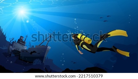 Diver with diving equipment swims near sunken vessel in coral reef. Seascape banner with wreck ship and man underwater. character wearing wetsuit with oxygen tank and yellow fins. Vector illustration