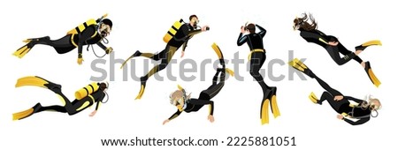 Set of divers characters illustration isolated on white background. People in diving mask, wetsuit gear, diver man and woman. Underwater activity snorkeling and swimming aqualung. Vector illustration