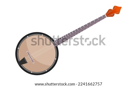 Banjo guitar Isolated on white background. Four stringed plucked musical instrument for country music. Blues, country, folk or jazz equipment. American retro musical instrument. Vector illustration