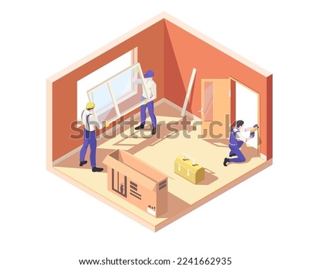Installer workers from interior renovation service. Professional repairman in blue uniform installing window and door frame inside room. House indoor renovation process. Isometric vector illustration