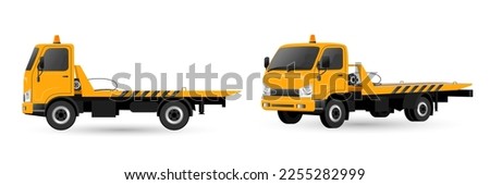 Vehicle roadside assistance concepts isolated on white background. Tow truck flatbed with a winch to move disabled, improperly parked, damaged cars. Yellow wrecker breakdown lorry. Vector illustration