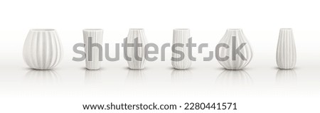 Set of ceramic white vase isolated on background. Collection of floor bowls for decoration floor at home in a realistic style. Different forms of antique vases for interior design. Vector illustration