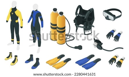 Scuba diving gear in isometric view. Equipment for under water adventure. Wetsuits and gloves, scuba mask, fins, oxygen tank with regulator 3D icons. Underwater ocean or sea sport. Vector illustration