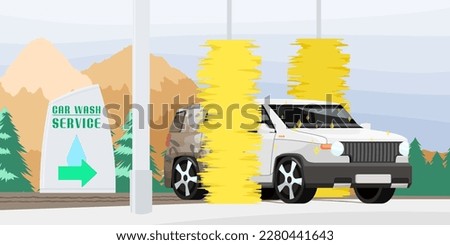 Car wash service banner. Automotive cleaning design. Carwash process promotion. Dirty car cleaned by yellow brushes in automatic wash station. Clean transport in cityscape concept. Vector illustration