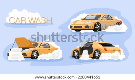 Car wash service banner. Automotive cleaning cartoon poster. Carwash process promotion. Car in white foam bubbles have a shower. Open doors vehicle on interior detailing cleaning. Vector illustration