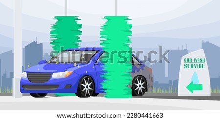 Car wash service banner. Automotive cleaning design. Carwash process promotion. Dirty car cleaned by green brushes in automatic wash station. Clean transport in cityscape concept. Vector illustration