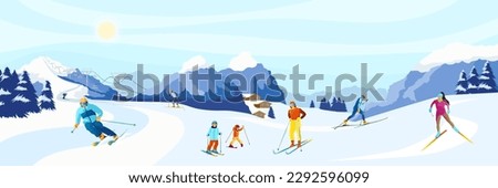 Winter mountain landscape with many different skiers. Family with kids sliding on skis in Alps. Blue sky, peaks of rocks on background. Winter sport activities at ski resort. Flat Vector illustration