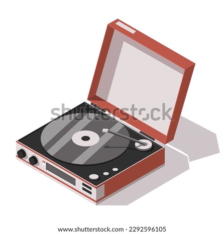 Music instrument vinyl recorder isolated on white background. Isometric 3d element in vector design style for concert show, musical performance. Acoustic sound device web button. Vector illustration