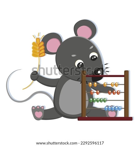 Funny little mouse learning mathematics on abacus. Cute cartoon animal for study English at school. Happy clever mouse child, kid sticker. Pupil character for print. Colorful flat vector illustration