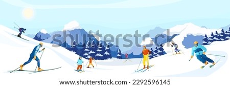 Winter mountain landscape with many different skiers. Family with kids sliding on skis in Alps. Blue sky, peaks of rocks on background. Winter sport activities at ski resort. Flat Vector illustration