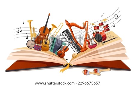 Magical story book with musical fairy tale. Opened book with different classical music instruments. Fantasy storybook or textbook adout jazz orchestra. Music fest poster or banner. Vector illustration