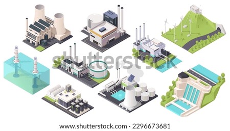 Industrial energy buildings set in isometric design. Power plants and alternative green hydro electric generation stations. Nuclear fuel reactor power. Geothermal or wind stations. Vector illustration