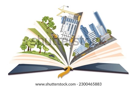 Opened storybook with modern city buildings isolated on white background. Cityscape with office skyscrapers design in literature. Cover page with tourist town map. Read more books. Vector illustration