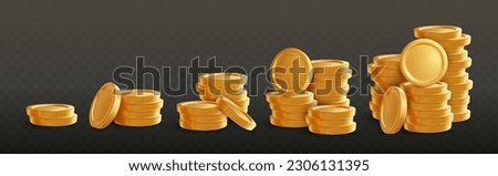 Stack of gold coins. Shiny golden coins in five stacks with another falling down. Finance, investment and savings concept. 3D Money cash bank finance isolated on black background. Vector illustration