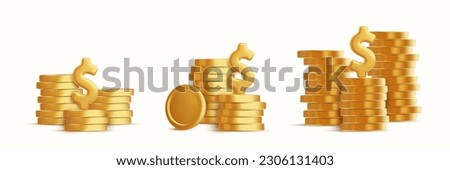 Stack of gold coins. Shiny golden coins in three stacks with another falling down. Finance, investment and savings. Dollar treasure with money cash isolated on white background. Vector illustration