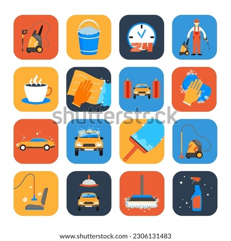 Set of carwash icons isolated on white background. Big collection of pictogram signs of car wash process. Colorful logo for print on flyer and web poster. Automobile cleaning. Flat vector illustration