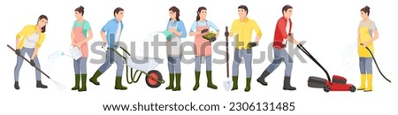 Set of people hobby of farming, rural life, gardening, agriculture. Group of men and women agricultural workers stay together isolated on white background. Village Rural lifestyle. Vector illustration