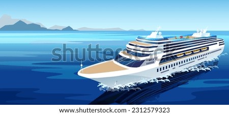 White cruise ship at blue ocean or sea. Pacific or atlantic ocean voyage. Summer travel agency booking tickets concept. Poster with marine landscape. Seascape background with ship. Vector illustration