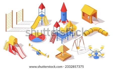 Set of children playground, swing, slide, kid park, equipment, fun, outdoor, summer activity, childhood preschool amusement. Isolated on white background. Isometric vector illustration