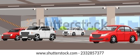 Stationary carparking. Rent garage parking. Automobile infrastructure. Transport zone. Place with number of auto. Concept of urban city parking. Concrete building. Vector illustration