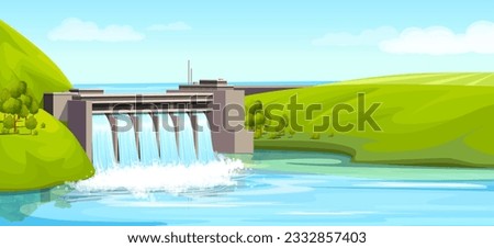 Hydroelectric power station, river, water, renewable energy, resource, electric industrial technology, factory, natural, environment, landscape. Vector illustration