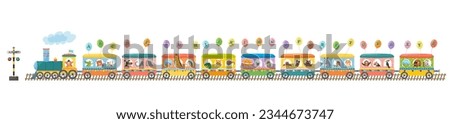 Cartoon english alphabet train, animal, balloon, child, preschool education, learning, studying, letter, childish. Colourful wagon. Locomotive. Fox, bear, alligator, cat, dog. Vector illustration.