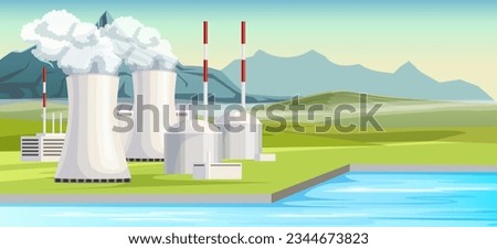 Nuclear power station. Energy industry. Electricity plant. Modern technology. Environmental pollution. Fuel reactor. Chimney construction. Radioactive danger. Atomic production. Vector illustration