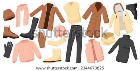 Winter and autumn warm collection of fashion casual clothes, jacket, scarf, coat, hat, footwear, pants, trousers, vest, gloves, socks. Isolated on white background. Vector illustration.