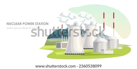 Nuclear power station, energy generation. Atomic plant, electricity production. Environmental powerplant. Industrial technology, electric building. Landscape with mountain, field. Vector illustration