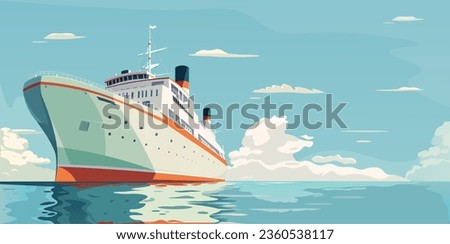 Sea ship, cruise liner at blue ocean water. Luxury resort, huge boat, summer vacation, white vessel, marine transport. Calm journey, tourist voyage, holiday tour. Seascape. Vector illustration