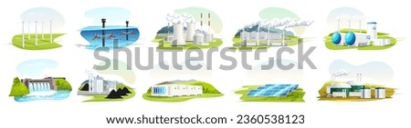 Set of various energy station. Collection of nuclear, solar, biomass, geothermal, hydrogen, wind, hydroelectric, coal, tidal, battery. Electricity production, energy factory. Vector illustration