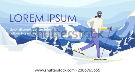 Skier man in warm white suit riding on snow hill near mountain. Snowy scenic landscape, winter active lifestyle resort. Seasonal vacation, sport outdoor activity. Vector illustration