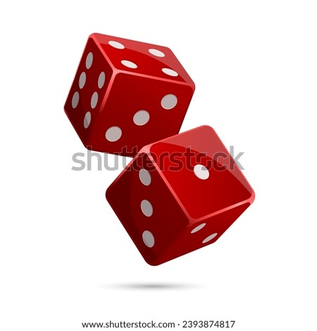 Throwing vegas casino red dice. One and four position cube. Take chance. Gambling addiction, risky money, lucky game. Concept of playing on real cash. Isolated on white background. Vector illustration