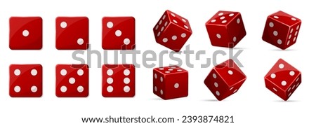 Straight and turned vegas casino red dice in row. One to six position cube. Take chance. Gambling addiction, risky money, lucky game. Isolated on white background. Vector illustration