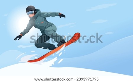 Jumping snowboarder in warm sport suit showing trick on snowboard. Special extreme equipment. Snowboarding concept. Downhill slope. Winter holiday active lifestyle. Vector illustration