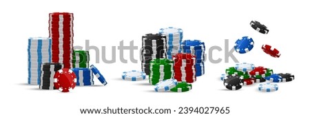 Stack of vegas casino black, green, white and red poker chip, gambling addiction, huge jackpot, successful bet, lucky game. Concept of playing game via real cash. White background. Vector illustration