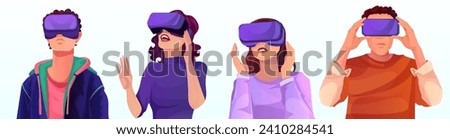 Group of man and woman in casual clothes wearing VR googles watching at virtual reality world space, digital interface hologram, network technology, abstract cyberspace. Vector illustration