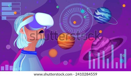 Woman in casual clothes wearing VR googles watching at virtual reality world space, digital interface, planet hologram, network technology, abstract cyberspace, futuristic science. Vector illustration