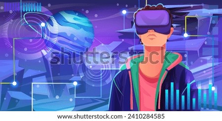 Man in casual clothes wearing VR googles watching at virtual reality world space, digital interface, planet hologram, network technology, abstract cyberspace, futuristic science. Vector illustration