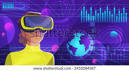 Person in casual clothes wearing VR google watching at virtual reality world space, digital interface, planet hologram, network technology, abstract cyberspace, futuristic science. Vector illustration