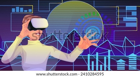 Smiling woman in casual clothes wearing VR google touching virtual reality world space hologram, digital interface, network technology, abstract cyberspace, futuristic science. Vector illustration