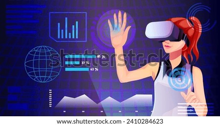 Woman in casual clothes wearing VR google touching virtual reality world space, digital interface hologram, network technology, abstract cyberspace, futuristic science. Vector illustration