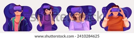 Group of man and woman in casual clothes wearing VR googles watching at virtual reality world space, digital interface hologram, network technology, abstract cyberspace. Vector illustration