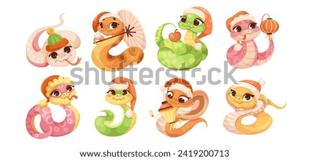 Set of cartoon cute snakes isolated on white background. Little child snake characters. Chinese horoscope zodiac sign, year of snake 2025. Friendly characters of smiling reptile. Vector illustration
